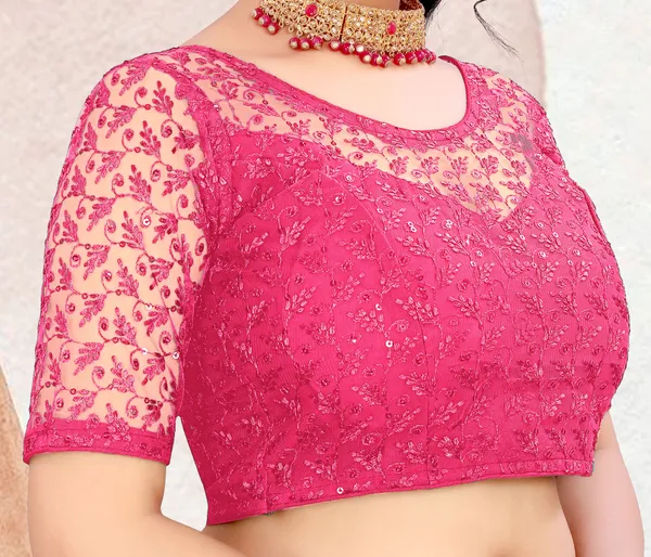 Pink_Net_Self_Design_Round_Neck_Padded_Blouse_For_Women