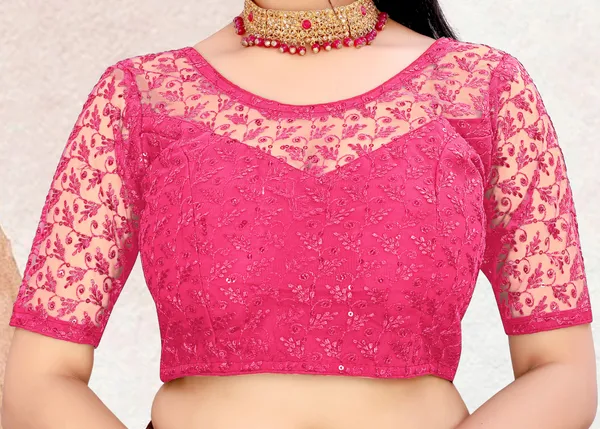 Pink_Net_Self_Design_Round_Neck_Padded_Blouse_For_Women