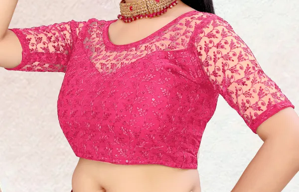 Pink_Net_Self_Design_Round_Neck_Padded_Blouse_For_Women