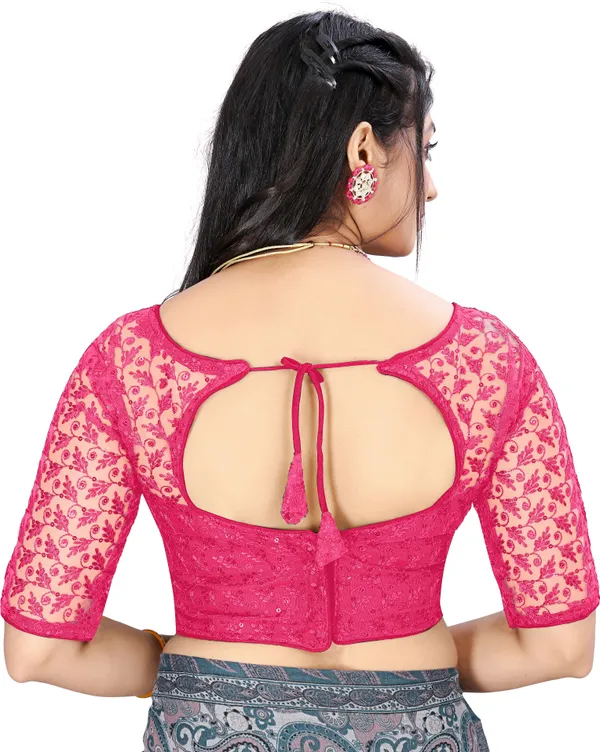Pink_Net_Embriodered_Round_Neck_Padded_Blouse_For_Women
