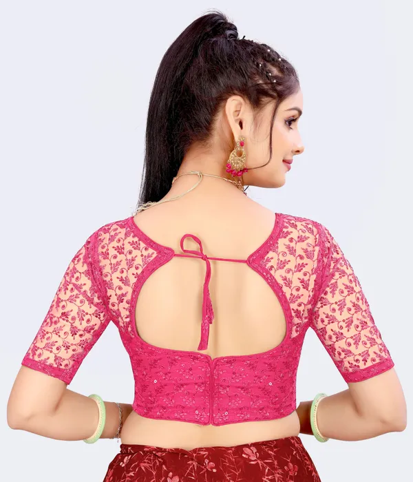 Pink_Net_Embellished::Embriodered_Round_Neck_Padded_Blouse_For_Women