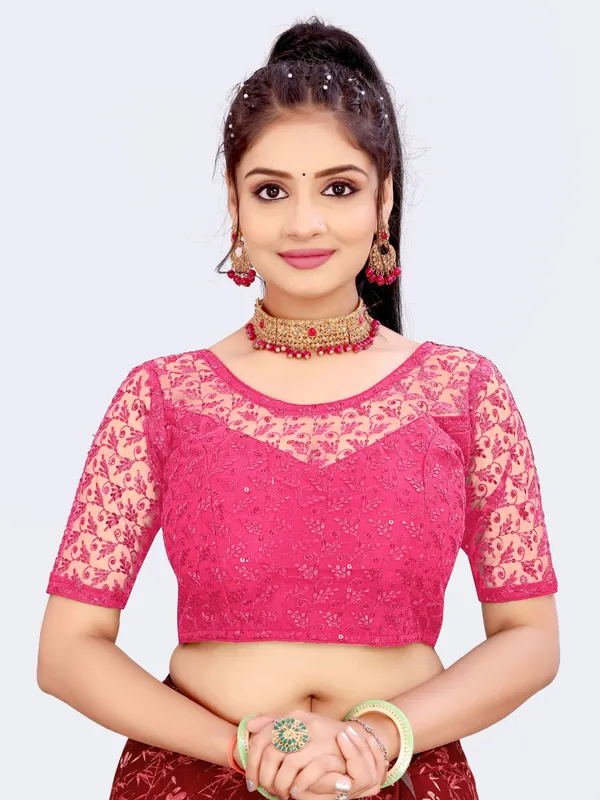 Pink_Net_Embellished::Embriodered_Round_Neck_Padded_Blouse_For_Women