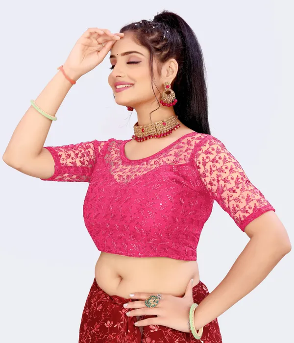 Pink_Net_Embellished::Embriodered_Round_Neck_Padded_Blouse_For_Women