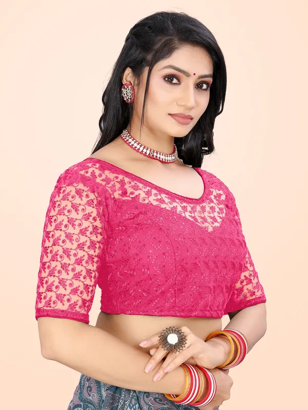 Pink_Net_Embriodered_Round_Neck_Padded_Blouse_For_Women