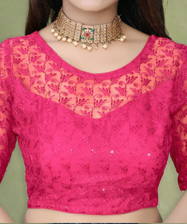 Pink_Net_Embellished_Round_Neck_Padded_Blouse_For_Women