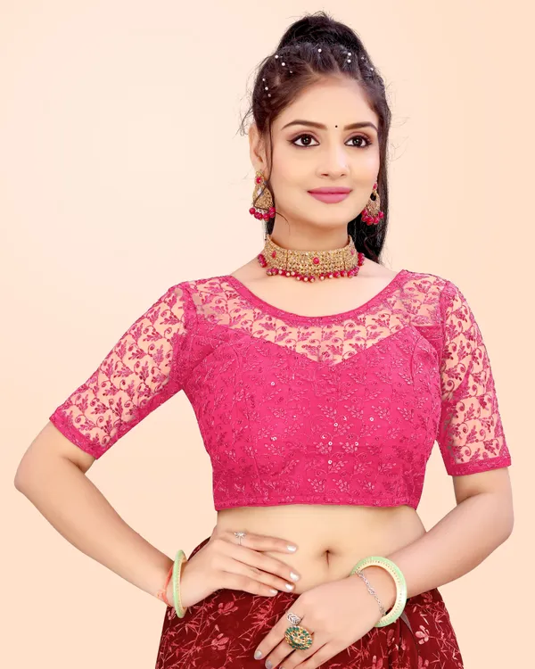 Pink_Net_Embellished_Round_Neck_Padded_Blouse_For_Women
