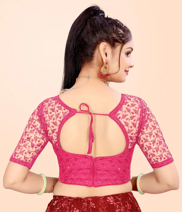 Pink_Net_Embellished_Round_Neck_Padded_Blouse_For_Women