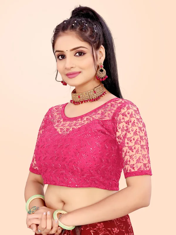 Pink_Net_Embellished_Round_Neck_Padded_Blouse_For_Women