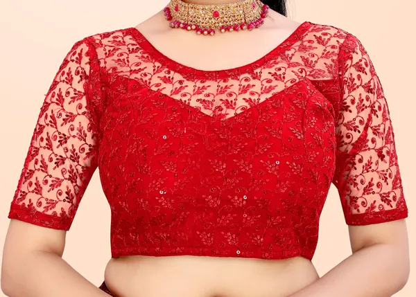 Red_Net_Self_Design_Round_Neck_Padded_Blouse_For_Women