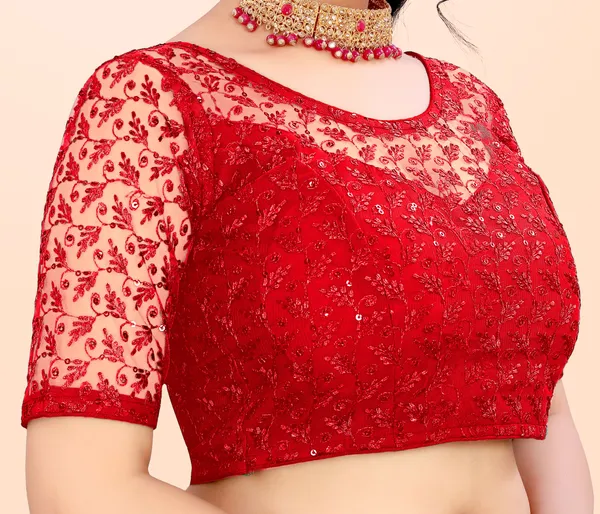 Red_Net_Self_Design_Round_Neck_Padded_Blouse_For_Women