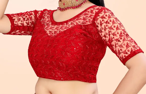 Red_Net_Self_Design_Round_Neck_Padded_Blouse_For_Women