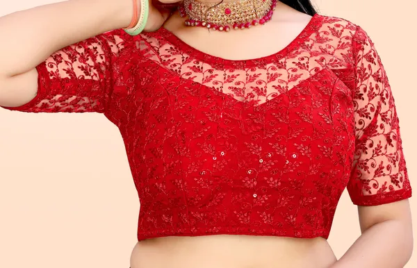 Red_Net_Self_Design_Round_Neck_Padded_Blouse_For_Women