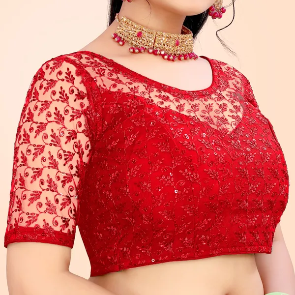 Red_Net_Embellished_Round_Neck_Padded_Blouse_For_Women