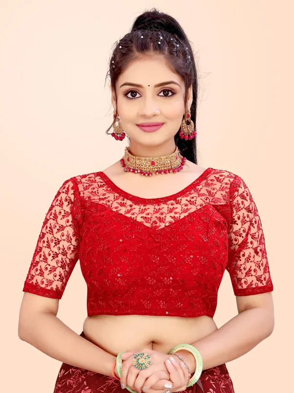 Red_Net_Embellished_Round_Neck_Padded_Blouse_For_Women