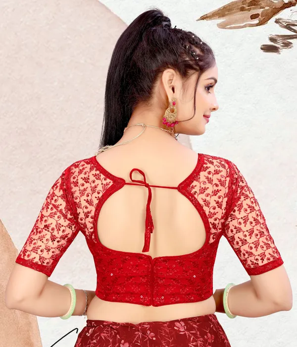 Red_Net_Embellished_Round_Neck_Padded_Blouse_For_Women