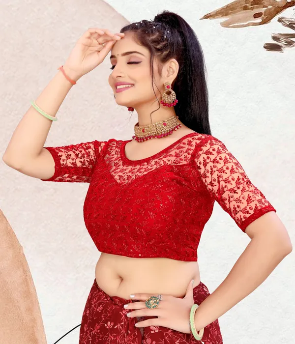Red_Net_Embellished_Round_Neck_Padded_Blouse_For_Women