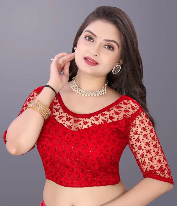 Red_Net_Embriodered_Round_Neck_Padded_Blouse_For_Women