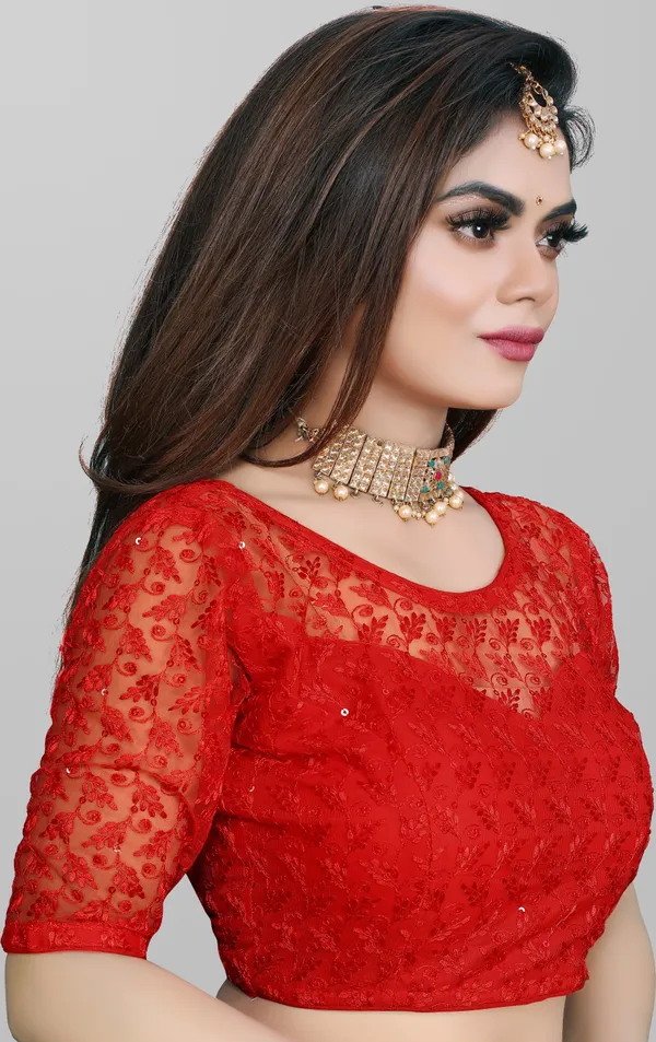 Red_Net_Embriodered_Round_Neck_Padded_Blouse_For_Women
