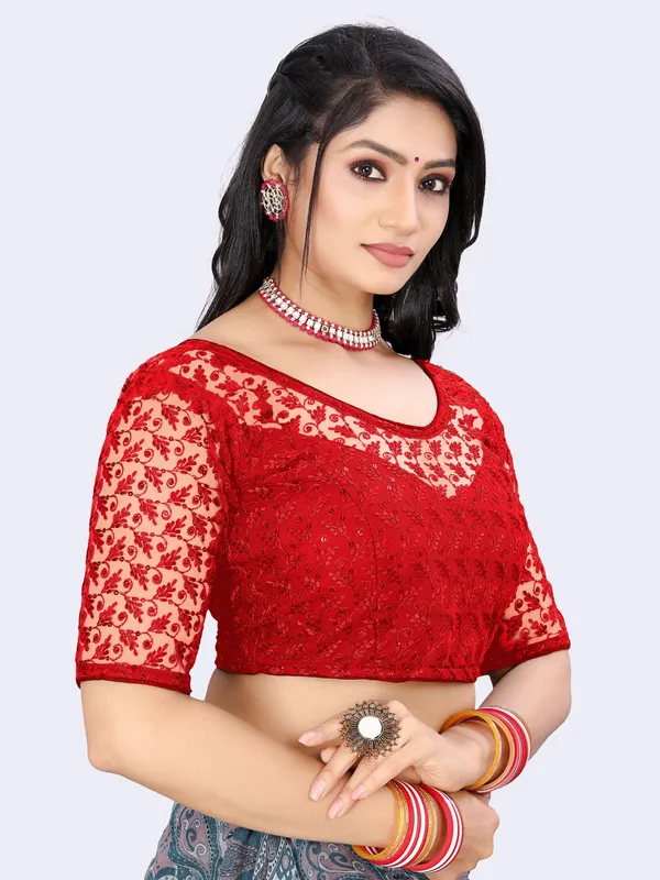 Red_Net_Embriodered_Round_Neck_Padded_Blouse_For_Women