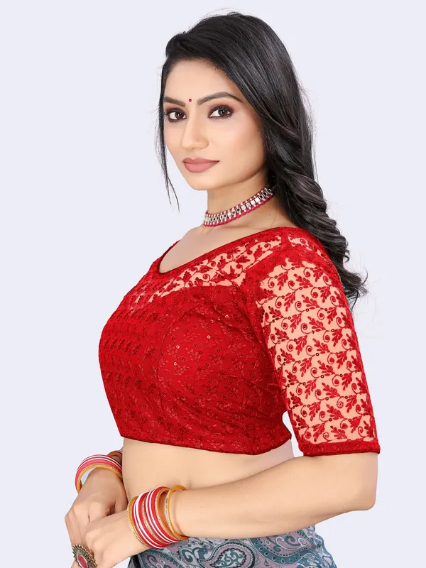 Red_Net_Embriodered_Round_Neck_Padded_Blouse_For_Women