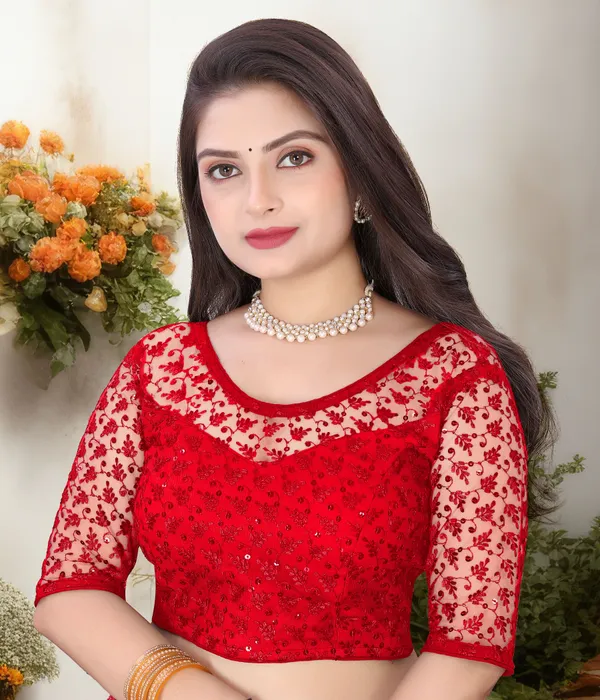 Red_Net_Self_Design_Round_Neck_Padded_Blouse_For_Women
