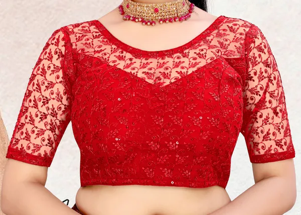Red_Net_Self_Design_Round_Neck_Padded_Blouse_For_Women