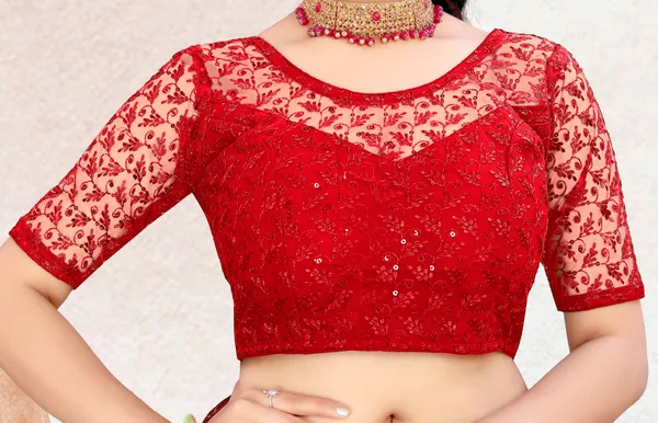 Red_Net_Self_Design_Round_Neck_Padded_Blouse_For_Women