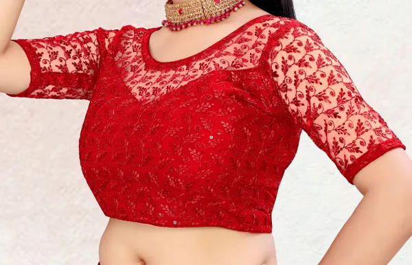 Red_Net_Self_Design_Round_Neck_Padded_Blouse_For_Women