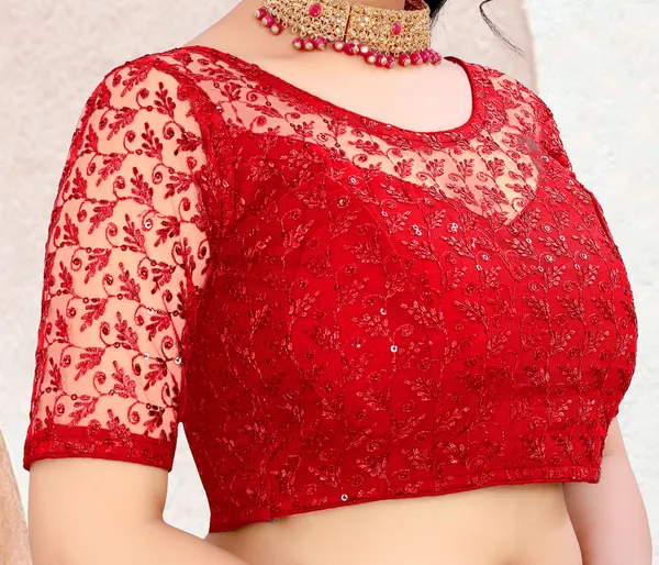 Red_Net_Self_Design_Round_Neck_Padded_Blouse_For_Women