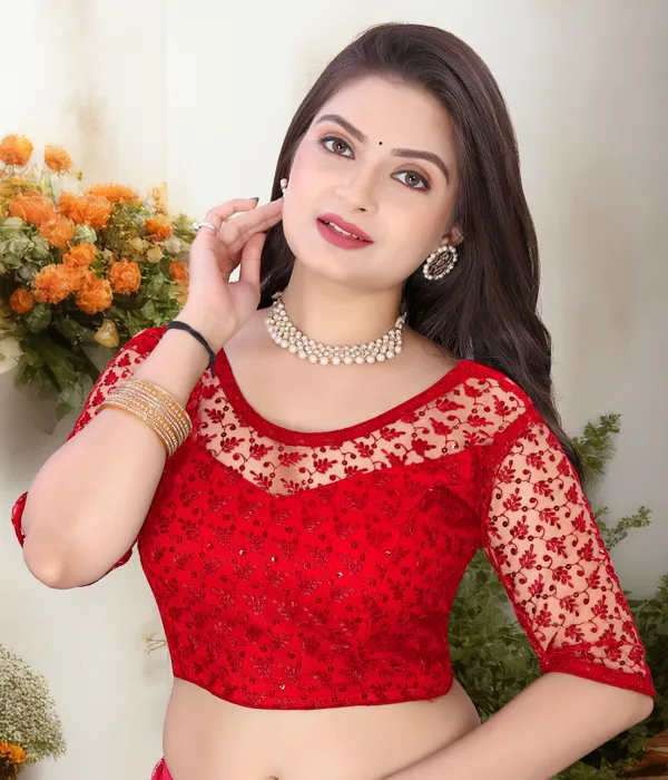 Red_Net_Self_Design_Round_Neck_Padded_Blouse_For_Women