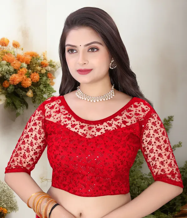 Red_Net_Self_Design_Round_Neck_Padded_Blouse_For_Women
