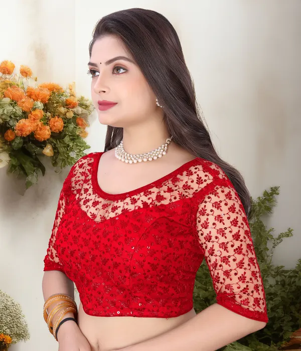 Red_Net_Self_Design_Round_Neck_Padded_Blouse_For_Women
