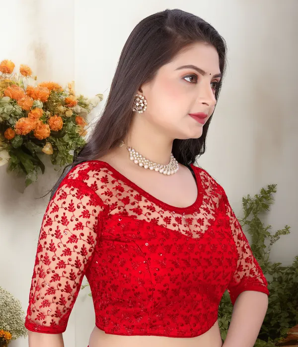 Red_Net_Embriodered_U-Neck_Padded_Blouse_For_Women