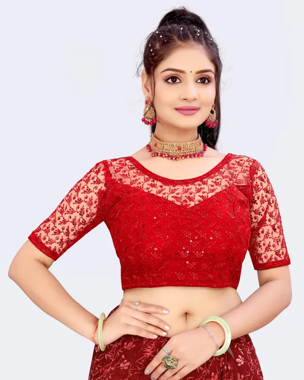 Red_Net_Embellished_Round_Neck_Padded_Blouse_For_Women