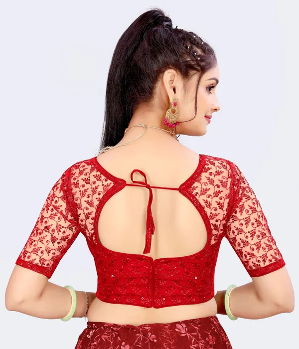 Red_Net_Embellished_Round_Neck_Padded_Blouse_For_Women