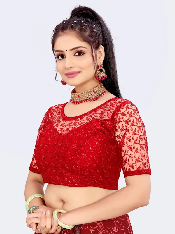 Red_Net_Embellished_Round_Neck_Padded_Blouse_For_Women