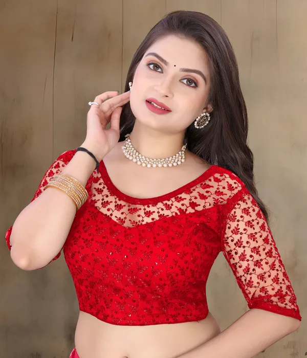 Red_Net_Embriodered_Sweetheart_Neck_Padded_Blouse_For_Women