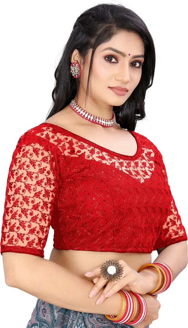 Red_Net_Embriodered_Round_Neck_Padded_Blouse_For_Women