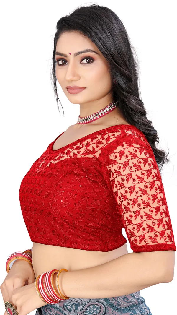 Red_Net_Embriodered_Round_Neck_Padded_Blouse_For_Women