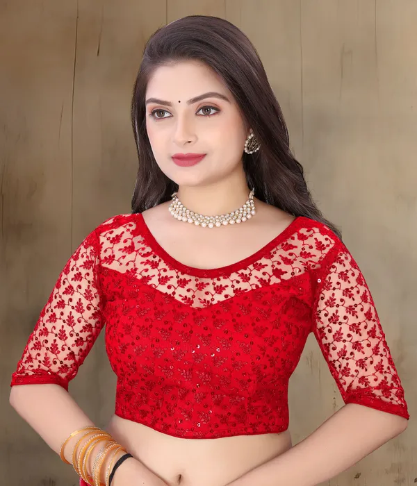 Red_Net_Embriodered_U-Neck_Padded_Blouse_For_Women