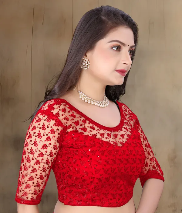 Red_Net_Embellished_Round_Neck_Padded_Blouse_For_Women