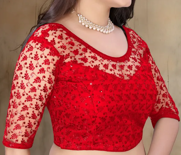 Red_Net_Embellished_Round_Neck_Padded_Blouse_For_Women
