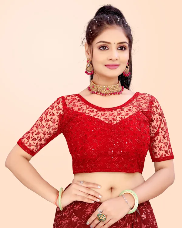 Red_Net_Embellished_Round_Neck_Padded_Blouse_For_Women
