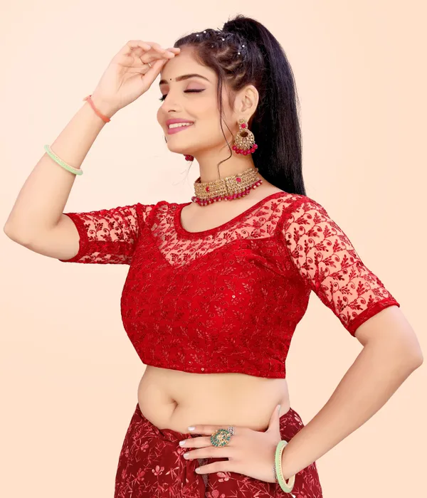 Red_Net_Embellished_Round_Neck_Padded_Blouse_For_Women