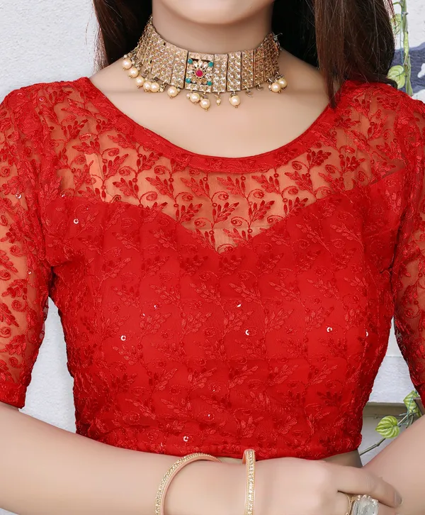 Red_And_Purple_Net_Self_Design_Round_Neck_Padded_Blouse_For_Women(Pack_of_2)