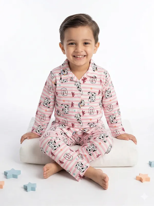 Cute_Puppy_Print_Kids_Night_Suit_Set_–_Pink_Striped_Cotton_Sleepwear
