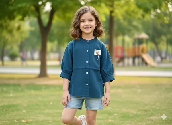 Girls_Stylish_Teal_Button-Up_Top_With_Puff_Sleeves