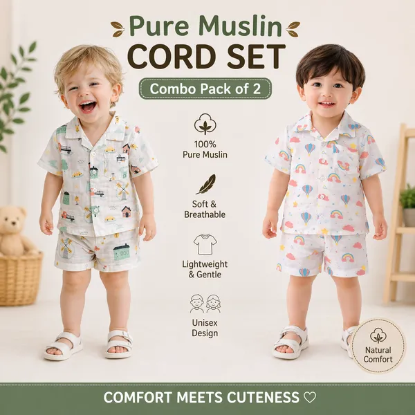 Kids_Pure_Muslin_Co-ord_Set_Combo_Pack_of_2_|_Printed_Shirt_&_Shorts_Set_|_Soft_Breathable_Summer_Outfit