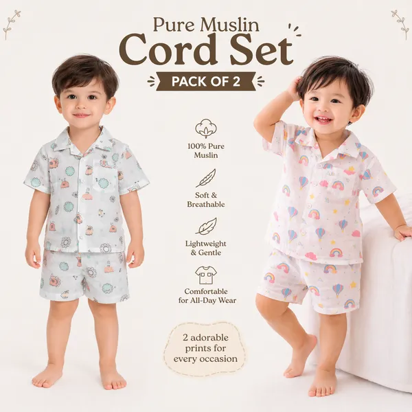 Pure_Muslin_Kids_Co-ord_Set_Combo_Pack_of_2_|_Cute_Printed_Shirt_&_Shorts_Set_|_Soft_Lightweight_Summer_Wear