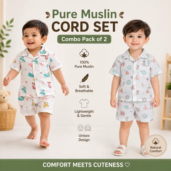 Pure_Muslin_Kids_Co-ord_Set_Combo_Pack_of_2_|_Printed_Shirt_&_Shorts_Set_|_Soft_&_Breathable_Summer_Outfit